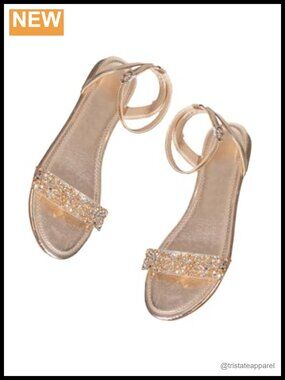 Sparkly Flat Sandals with Rhinestones, Open Toe Ankle Strap, Comfortable
